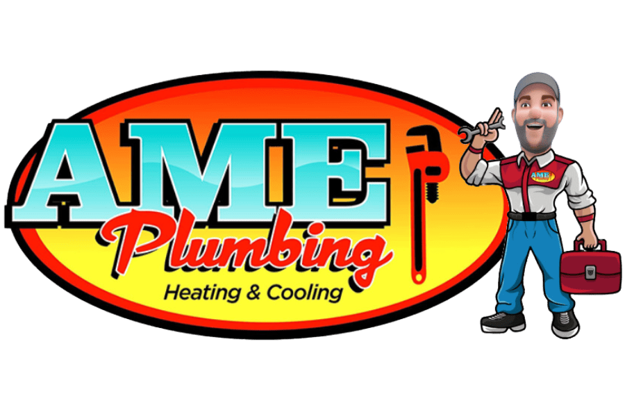 Logo for AME Plumbing Heating & Cooling featuring large text and a colorful oval background. A cartoon plumber stands on the right, holding a wrench and a toolbox, smiling cheerfully.