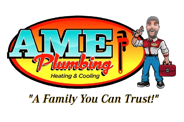 Logo for AME Plumbing Heating & Cooling featuring large, bold letters and a mascot of a smiling man in work attire holding tools. The tagline reads "A Family You Can Trust!.